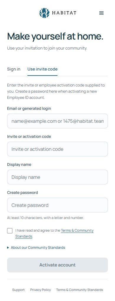 Actual Habitat Use invite code screen with empty email, activation code, display name and password fields, the terms checkbox and Activate account button
