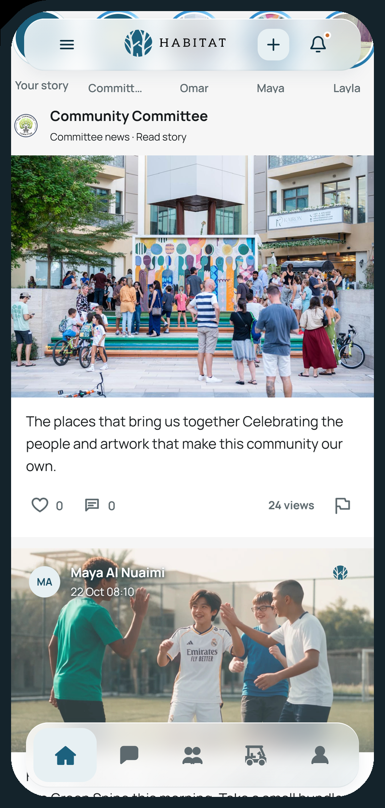 Habitat community feed showing community news and resident posts with sample content